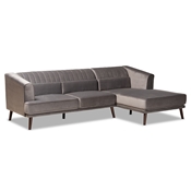 Baxton Studio Morton Mid-Century Modern Contemporary Grey Velvet Fabric Upholstered and Dark Brown Finished Wood Sectional Sofa with Right Facing Chaise Baxton Studio restaurant furniture, hotel furniture, commercial furniture, wholesale living room furniture, wholesale sectional sofa, classic sectional sofa